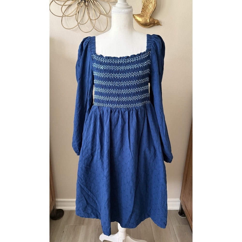 Draper James RSVP Blue Smocked Midi Dress Womens L Long Sleeve Preppy